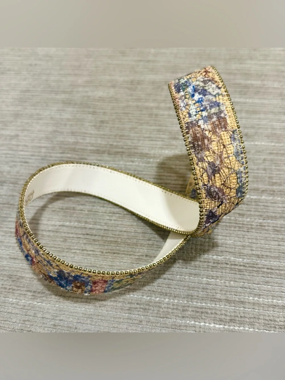 Ladies Vintage Leather Belt,‎ Yellow With Glittery Abstract Designs, Gold Buckle